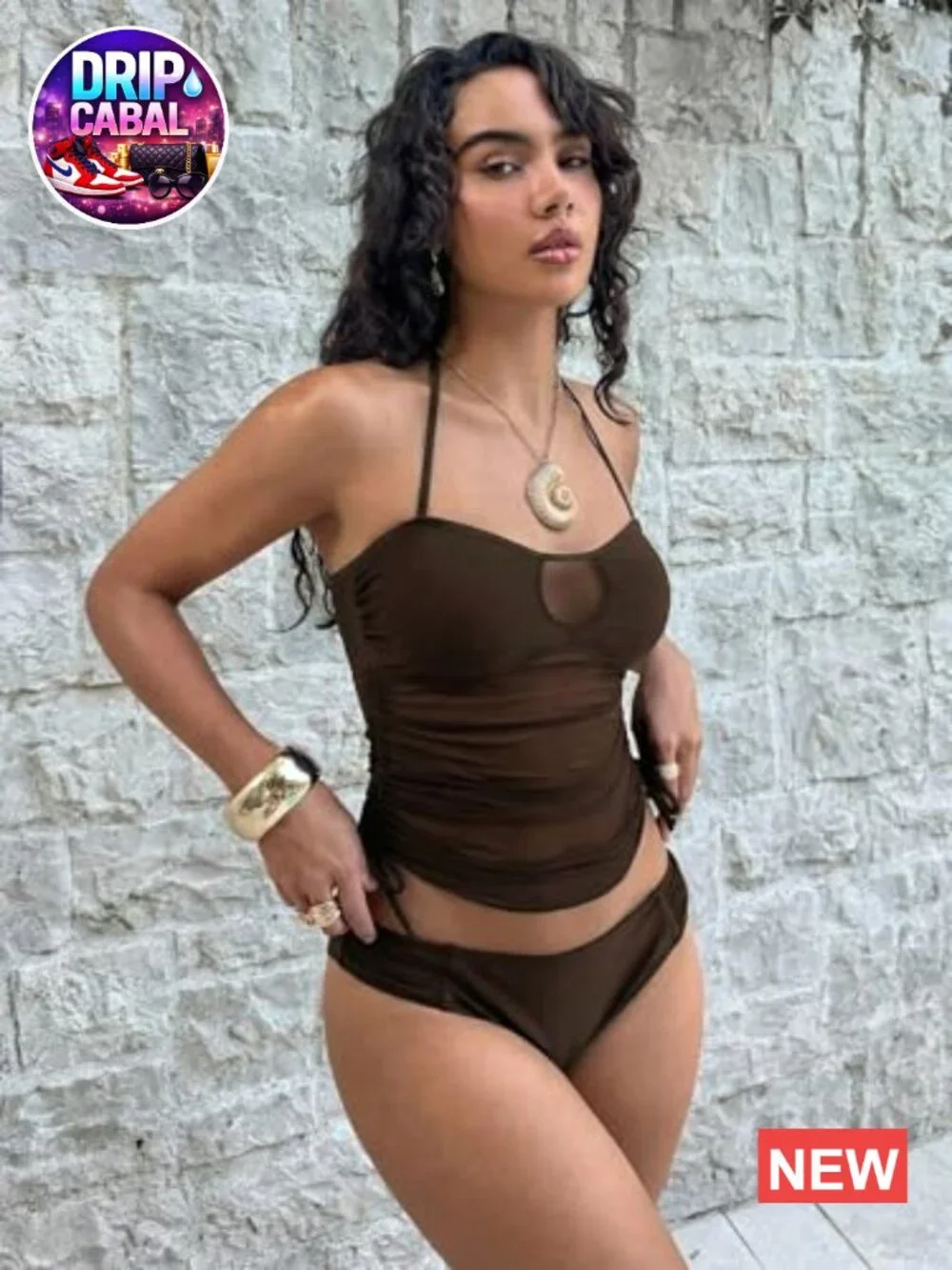 Women's Halter Tankini Swimsuit Ruched Drawstring Mesh Bandeau Bathing Suits 2
